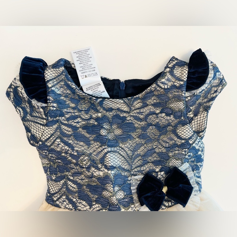 Biscotti Navy and Lace Champagne Tulle Dress with Bow, Girls 2T - Like New - Picture 5 of 8